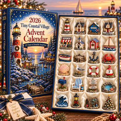 Tiny Coastal Village Advent Calendar 2026 – 24 Days of Seaside Surprises with 24 Unique Collectible Miniatures, Lighthouse & Harbor Christmas Gift for Coastal Lovers