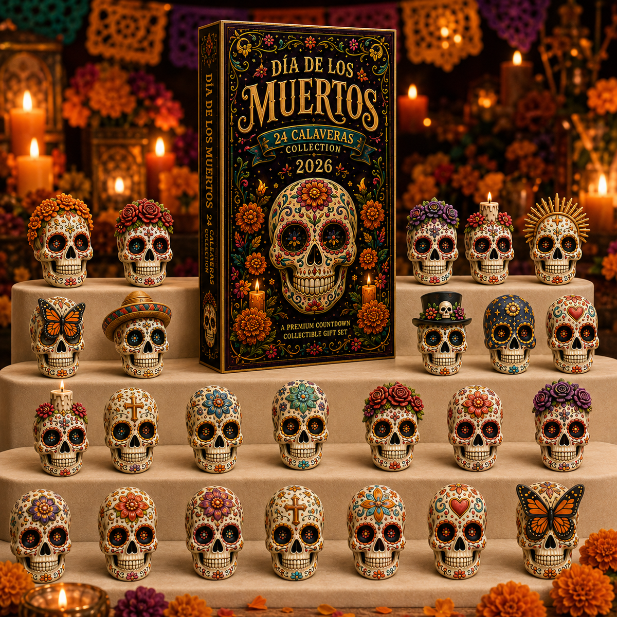 Dia de los Muertos 24-Day Advent Calendar – 24 Collectible Sugar Skull Figurines, Premium Day of the Dead Countdown Gift Set for Collectors & Holiday Lovers