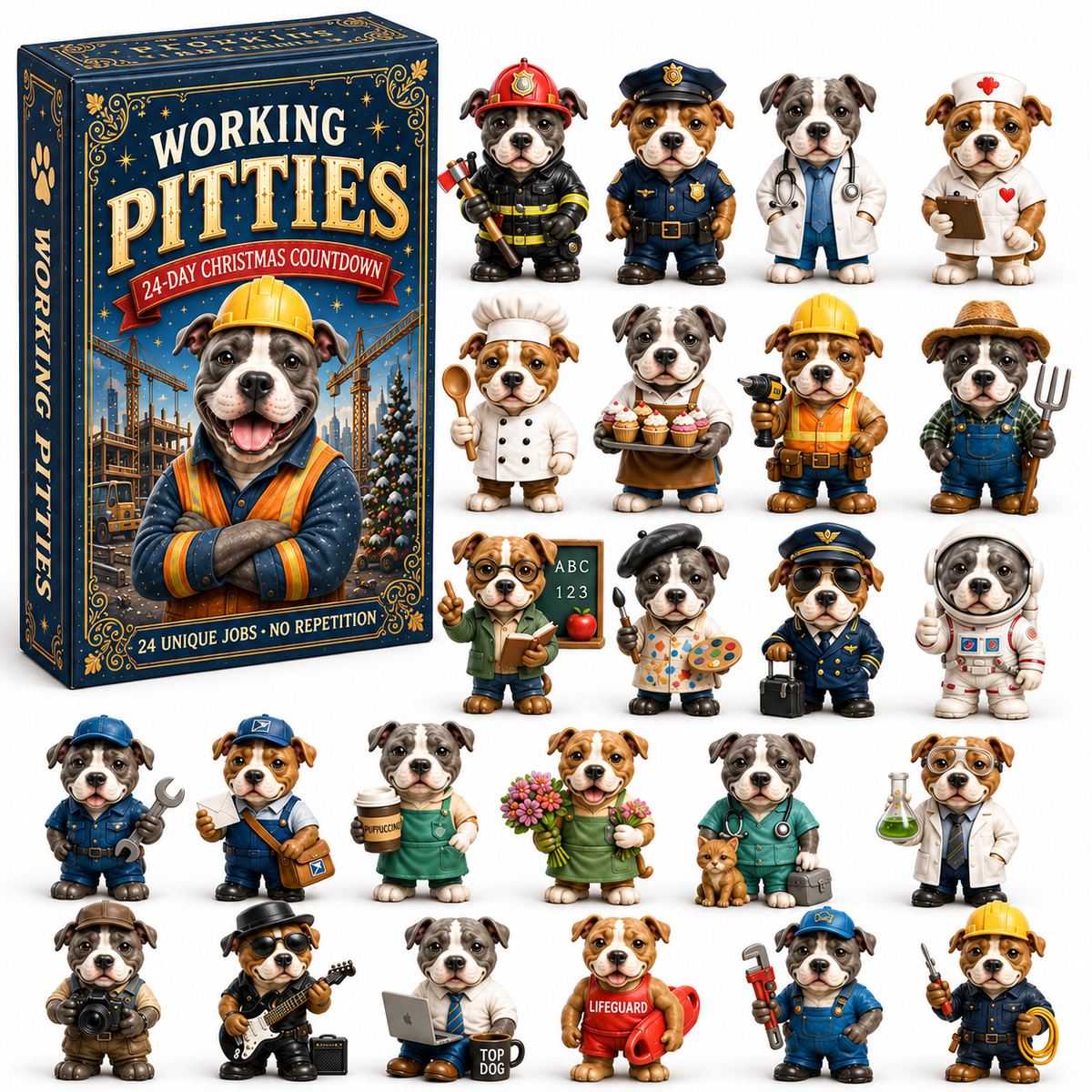 2026 Working Pitties 24-Day Christmas Countdown Calendar – 24 Unique Career Pit Bull Miniatures, Funny Working Dog Collector’s Gift for Pittie Lovers