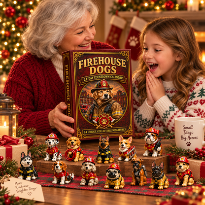 2026 Firehouse Dogs 24-Day Christmas Countdown Calendar – 24 Unique Firefighter Dog Miniatures, Heroic Canine Collector’s Gift for Dog & Firefighter Lovers
