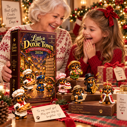 Little Doxie Town 2026 – 24-Day Dachshund Countdown Collection with 24 Unique Town Character Miniatures, Christmas Collectible Gift for Dachshund Lovers