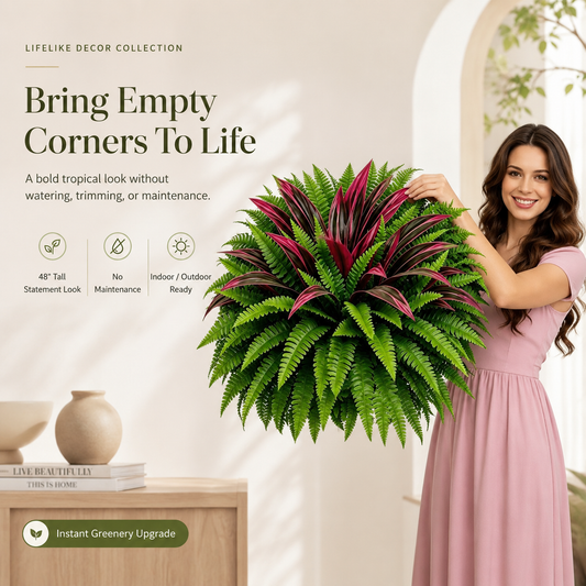 💥COMPRA 1 Y LLÉVATE OTRA GRATIS (2 UNIDADES)🔥 Plantas decorativas artificiales de helecho y drácena roja de 48" resistentes a los rayos UV – ¡Grandes, frondosas y resistentes a la decoloración!