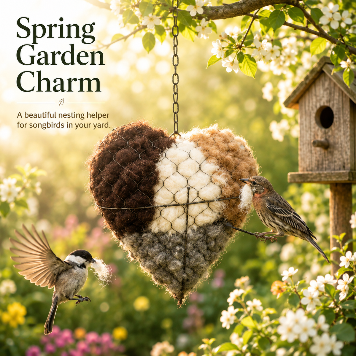Backyard birds collecting soft nesting fiber