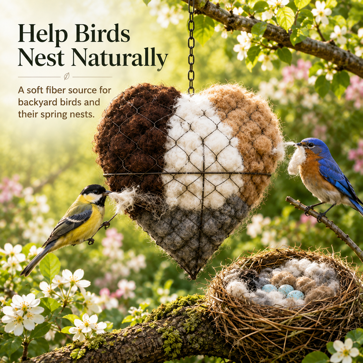 Birds gathering fibers near a nest
