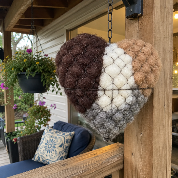Bird nesting heart hanging on covered porch
