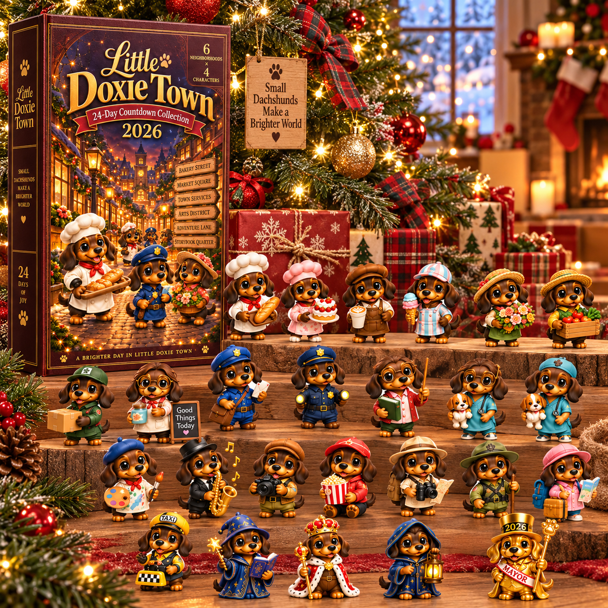 Little Doxie Town 2026 – 24-Day Dachshund Countdown Collection with 24 Unique Town Character Miniatures, Christmas Collectible Gift for Dachshund Lovers