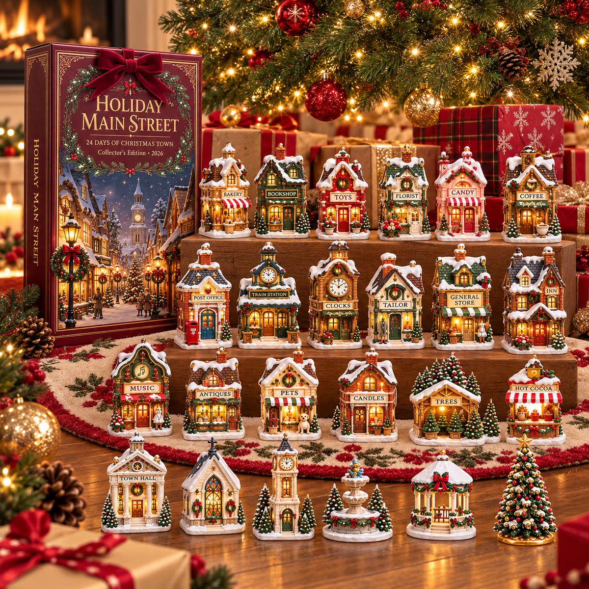 2026 Holiday Main Street 24-Day Christmas Countdown Calendar – 24 Unique Christmas Village Shop Miniatures, Charming Snowy Town Collector’s Gift