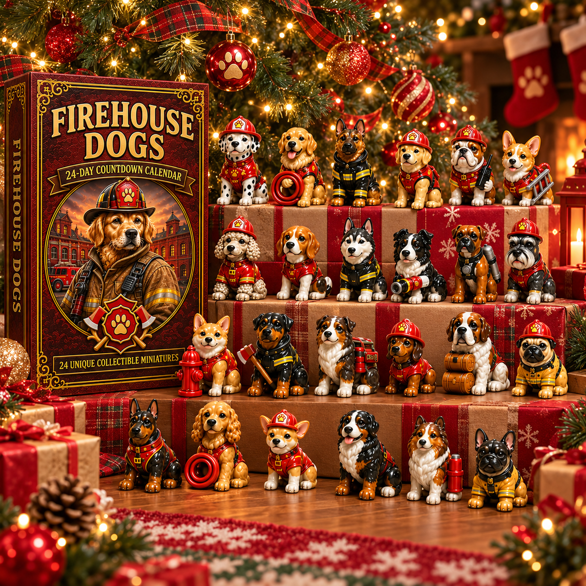 2026 Firehouse Dogs 24-Day Christmas Countdown Calendar – 24 Unique Firefighter Dog Miniatures, Heroic Canine Collector’s Gift for Dog & Firefighter Lovers