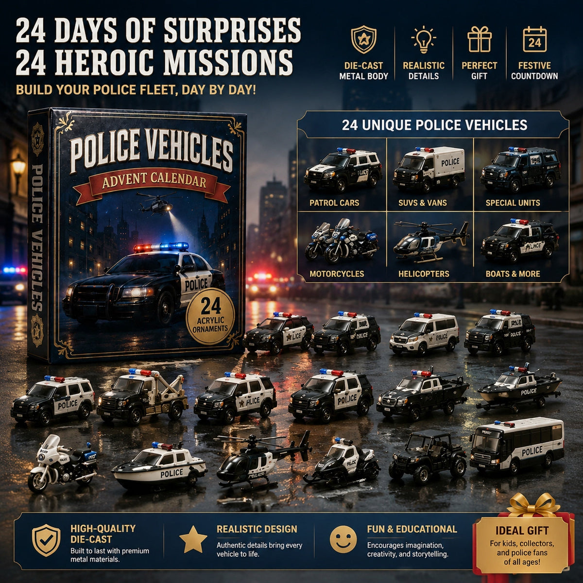 High-quality miniature model✨Police Vehicles Fleet Advent Calendar 2026 - 24-Day Festive Countdown