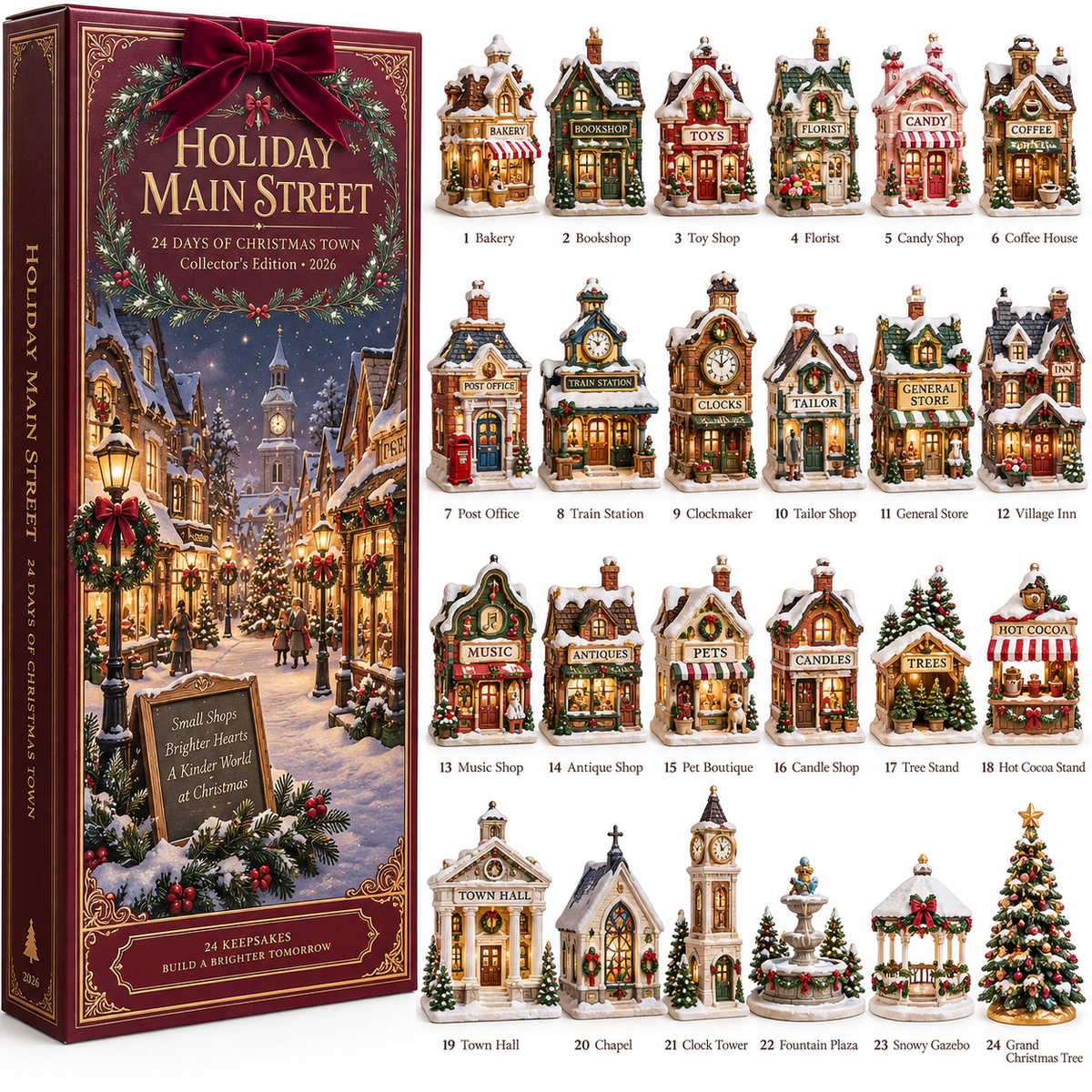 2026 Holiday Main Street 24-Day Christmas Countdown Calendar – 24 Unique Christmas Village Shop Miniatures, Charming Snowy Town Collector’s Gift