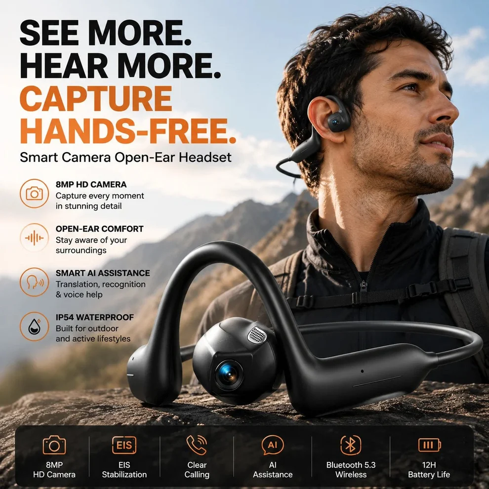 Monizes® – Auriculares Bluetooth inteligentes E12 Pro con cámara IA (Android y Apple)
