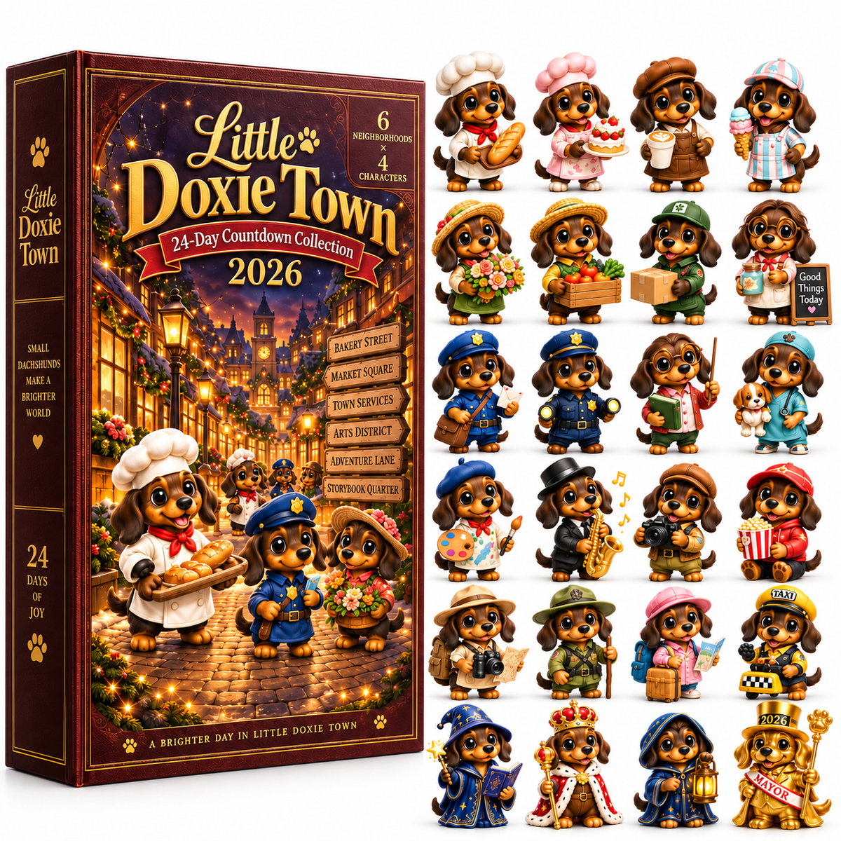 Little Doxie Town 2026 – 24-Day Dachshund Countdown Collection with 24 Unique Town Character Miniatures, Christmas Collectible Gift for Dachshund Lovers