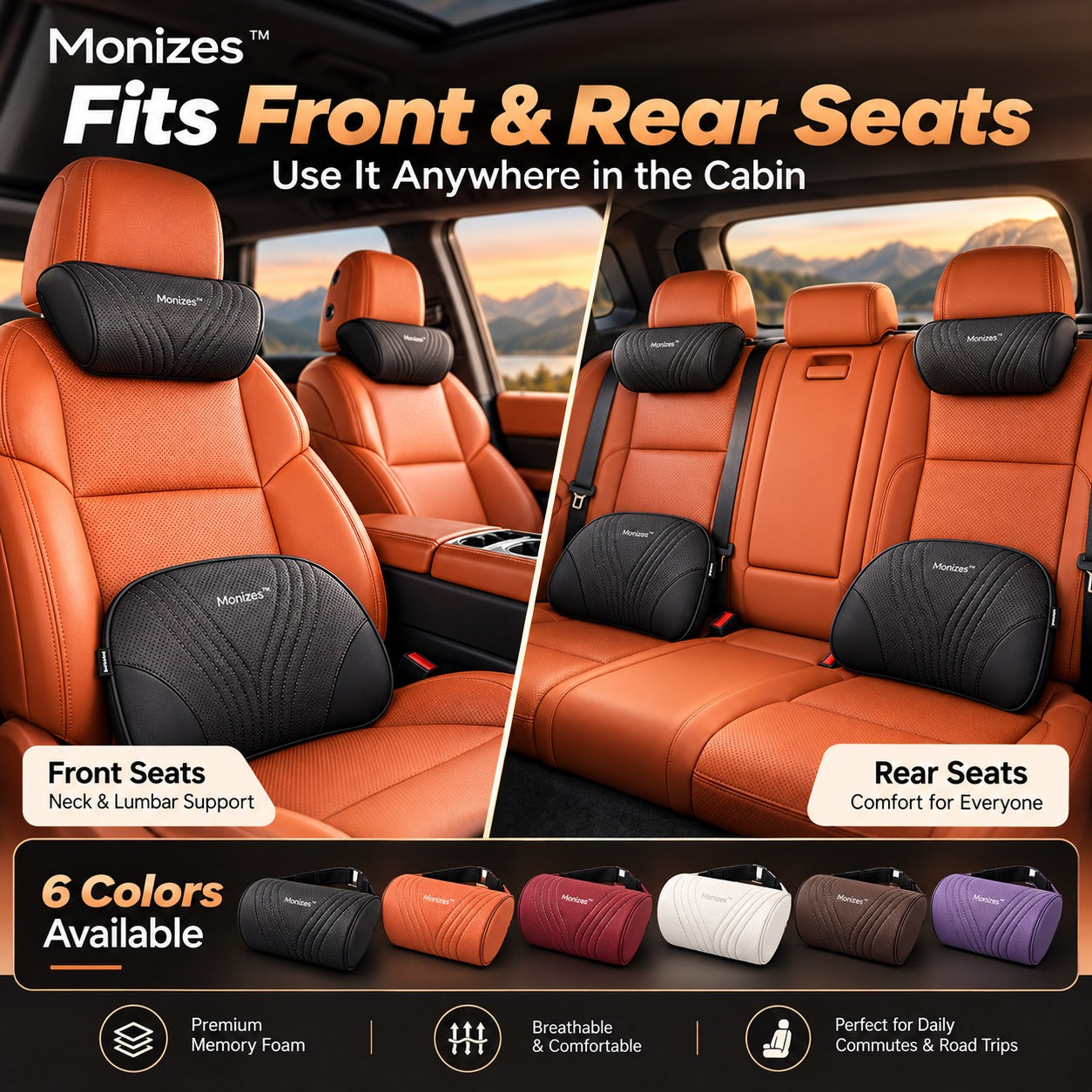 Monizes neck and lumbar cushions used on front and rear car seats