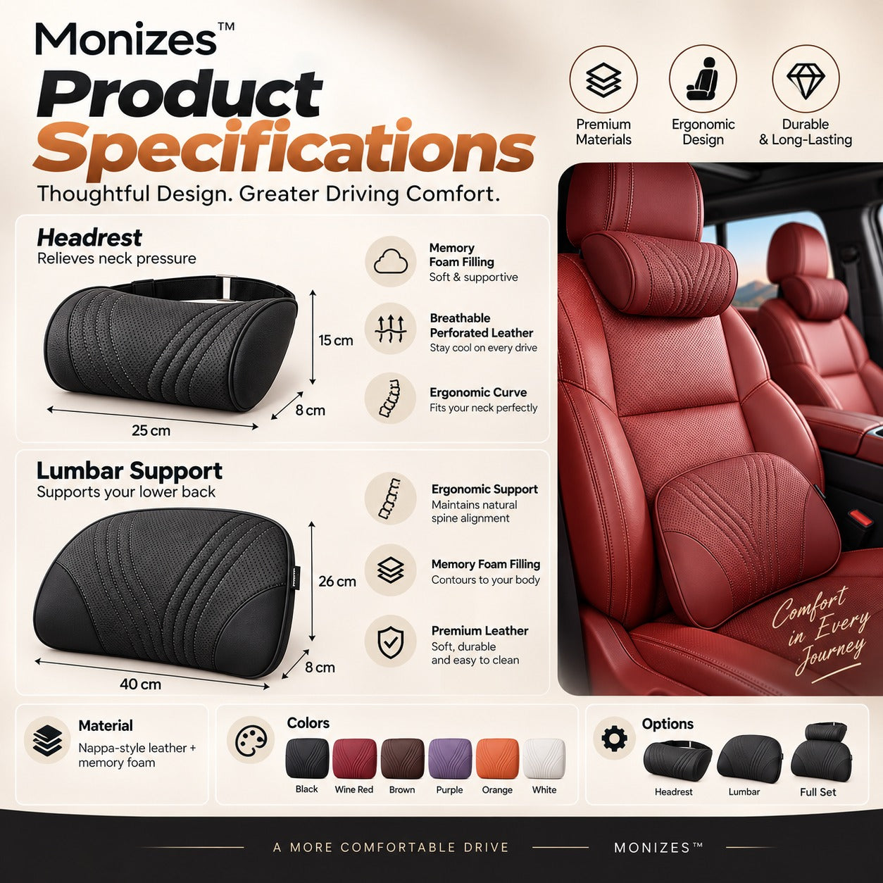 Monizes headrest and lumbar support product specifications and dimensions