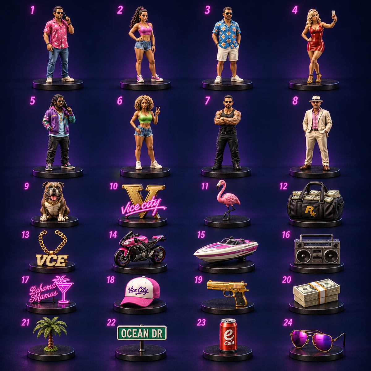 The complete set of 24 Vice Finds Calendar collectible miniatures, individually displayed on black bases.
